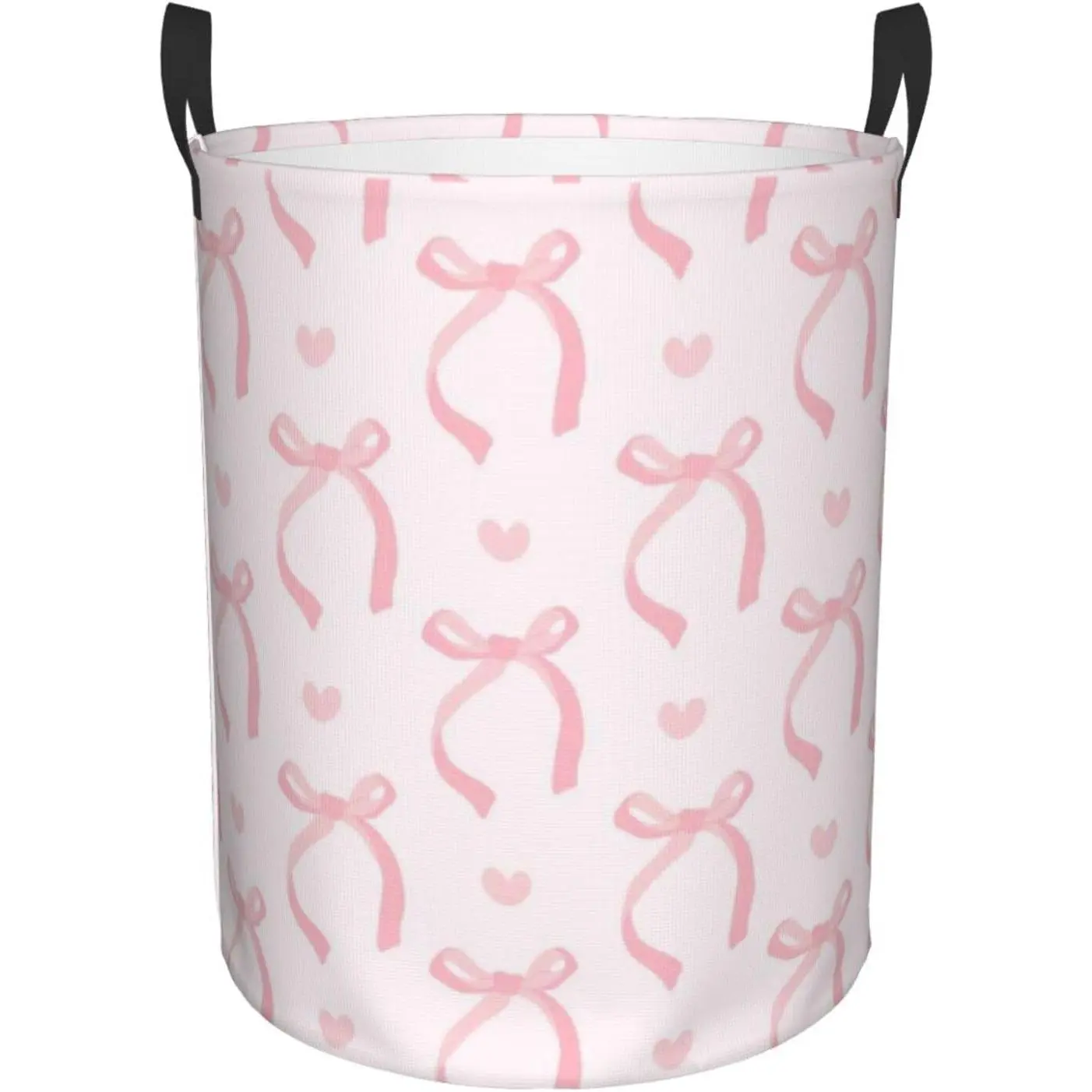 Cute Pink Bow Large Polyester Laundry Basket - Collapsible, Lightweight, Waterproof Round Hamper with Reinforced Handles, Easy-to-Clean, Stitchwork Design for Home Bedroom Storage, Preppy Bowknot Coquette Toy Organizer for Everyday Use