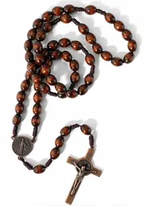 1pc Wooden Rosary Beads Necklace, Catholic Prayer Rosary with Crucifix & Saint Benedict Medal, Handmade Knotted Rosary, Religious Jewelry, for Men Women, Prayer, Church, Gift Idea, Viral TikTok Faith Necklace, Dainty Cross Necklace, Cross Chain
