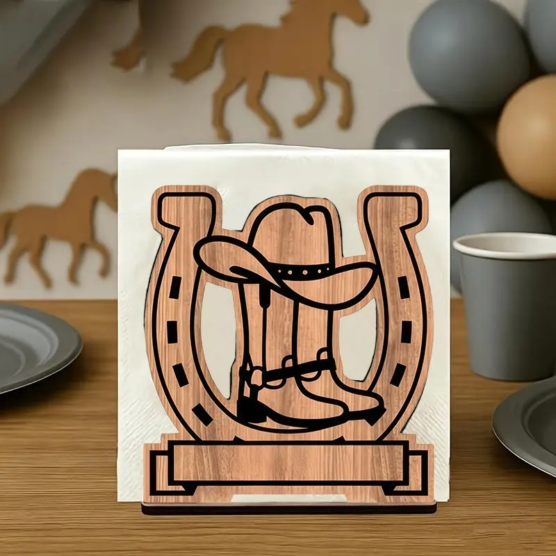 1 piece Horseshoe Cowboy Hat Boots Wooden Tabletop Napkin Holder, Western Cowboy Horseshoe Cutout Wood Napkin Rack, Rustic Farmhouse Table Napkin Organizer for Dining Kitchen Table Decor