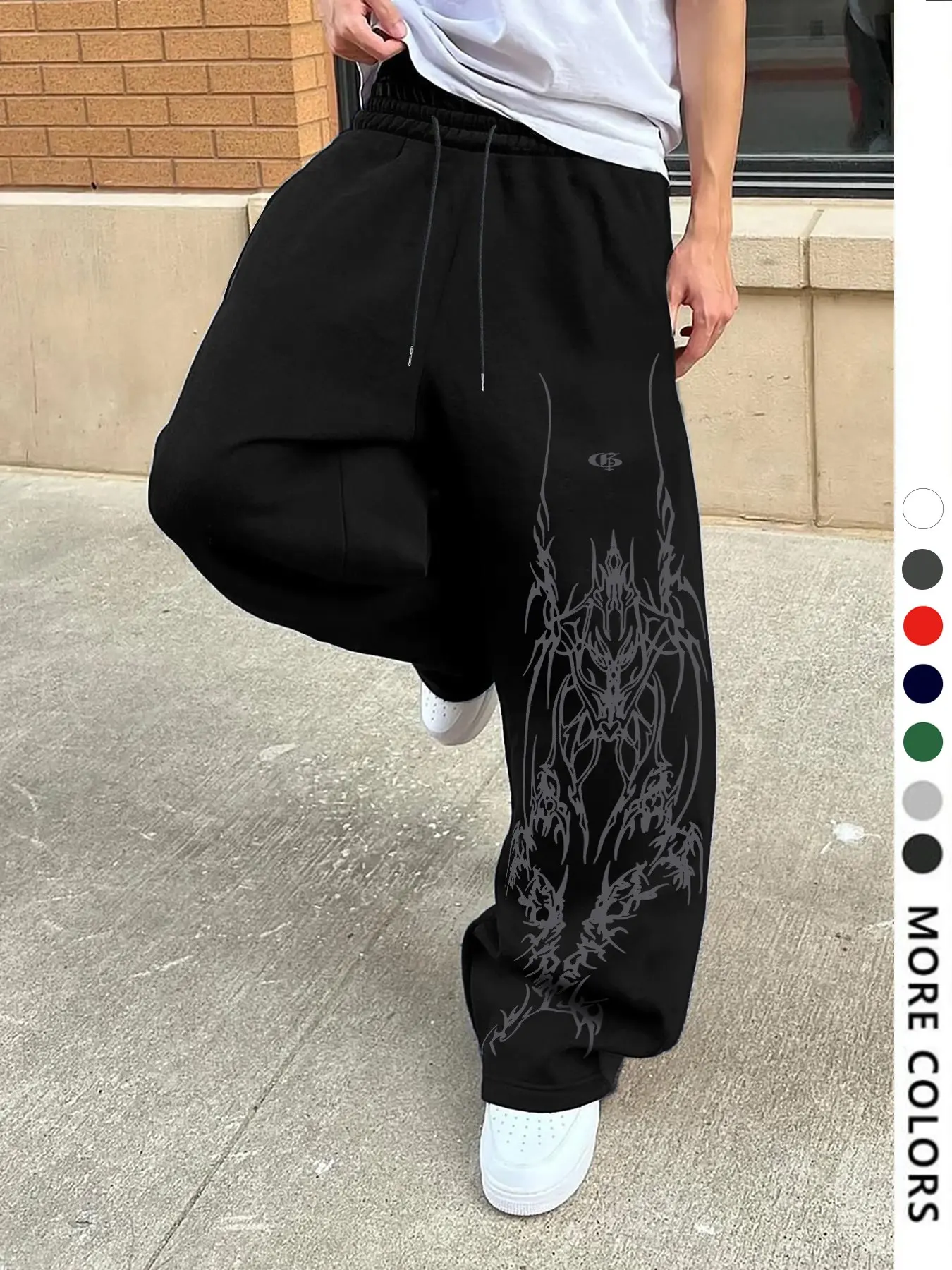 Men's Casual Sporty Long Pants, Gothic Pattern Print Sweatpants, Drawstring Wide Leg Leisure Pants, Suitable for All Seasons