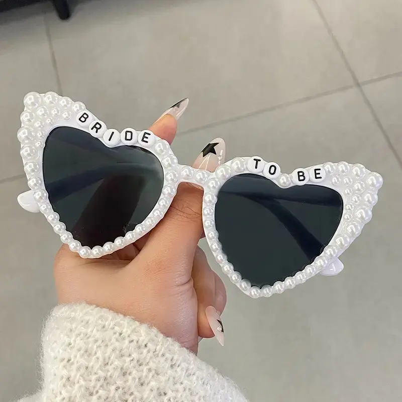 Women's Heart-Shaped Sports Sunglasses - Resin Frames with Full Pearl Trim, UV400 Protection, Bride-Focused Props for Bachelorette Party & Bridal Shower, Pearl Trimmed, Wedding Photo Props, Accessories, Girly, Sporty, Uv Protection