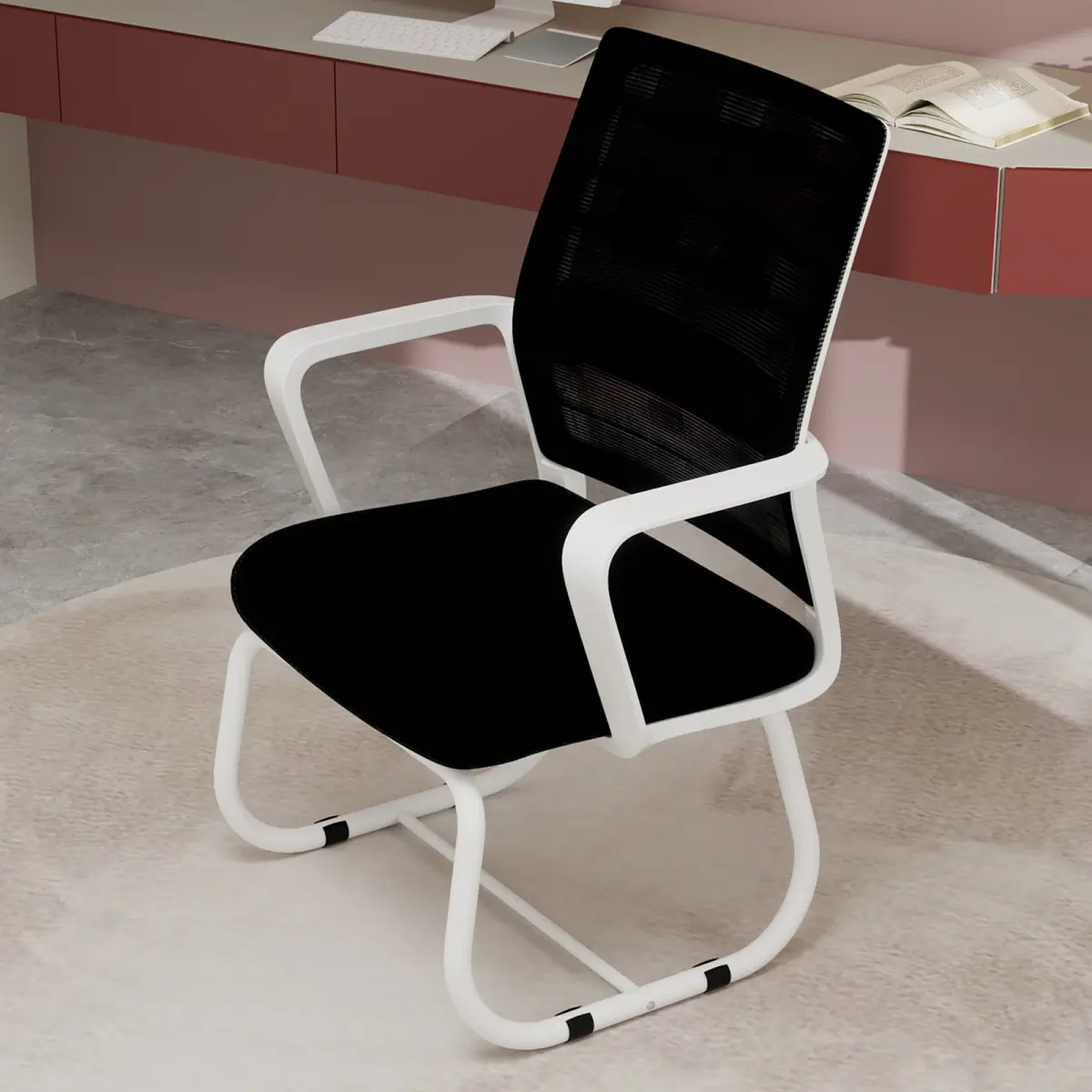 [Fahuac] Mesh Office Chair with Bow Frame, Added Cushions, Breathable Backrest, Padded Seat - Compact White+Black Meeting Room Chair for Home Office or Desk, Added Cushions Meeting Room Chairs,easy