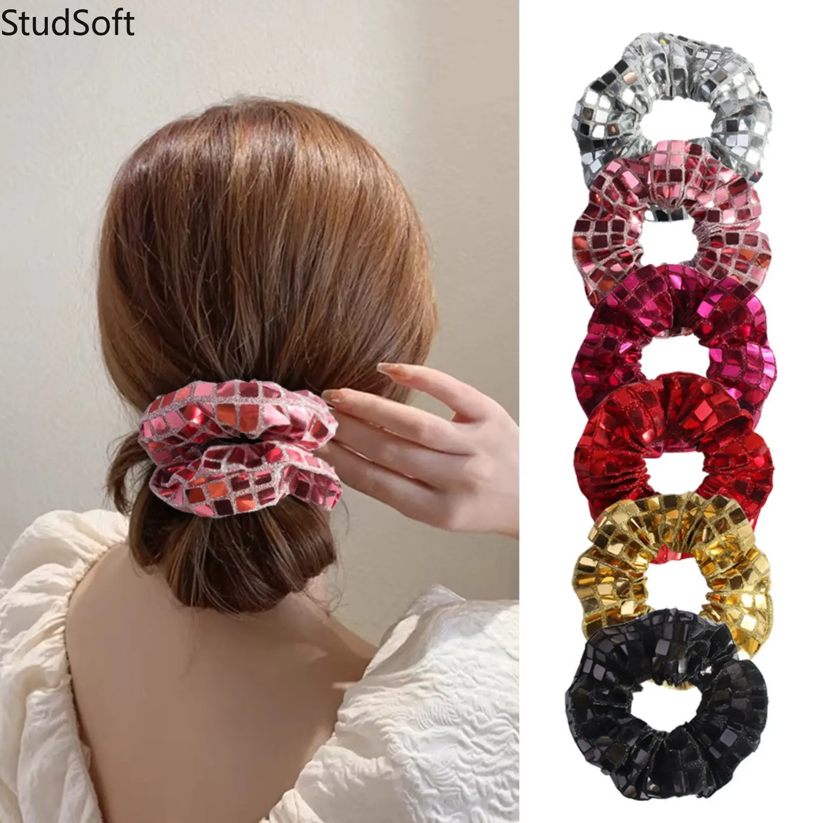 6pc Y2K Disco Ball Scrunchies Pack Sparkly Mirror Sequin Hair Bands Shiny Glitter Ponytail Holder Ties Bulk 70s Retro Rave Party Accessories