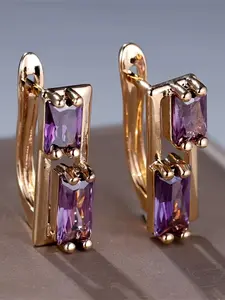 Two Rectangle Simulated Amethyst Huggie Hoop Earrings For Women, 18K Gold Tone Ion Plated Prong Set Lock Clasp Hoops, Double Baguette Purple Gemstone Dainty Statement Ear Jewelry, Hypoallergenic Tarnish Resistant Wedding Party Gift