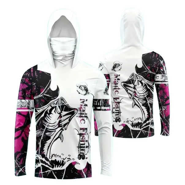 New men Pink Bass Print Fishing Sun Protection Hoodie Shirt, Ice Cool UV Block Long Sleeve Fishing Jersey with Built-in Neck Gaiter, Breathable Stretch Outdoor Sun Shirt for Fishing Cycling Hiking