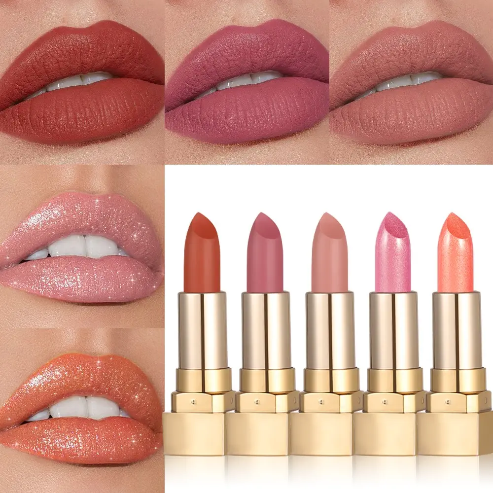 5Pcs Sparkle Metallic Lipstick Set ✨ Nude & Glitter Shades for Party Queen Look