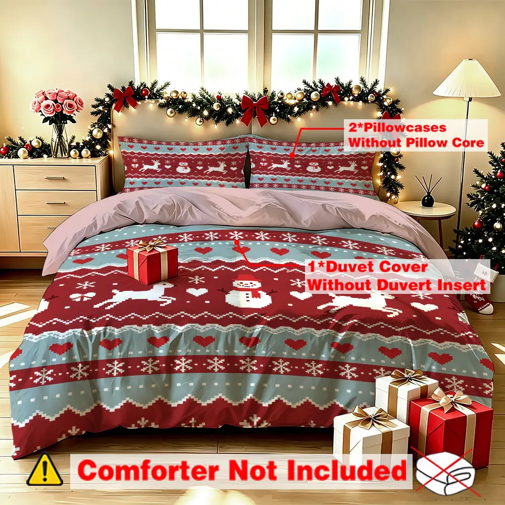 3-piece Christmas snowman and reindeer snowflake bedding set (one bedding cover, two pillowcases) without filling, suitable for single beds, double beds, and bedrooms, student dormitories, e-sports hotels, and gift-giving occasions