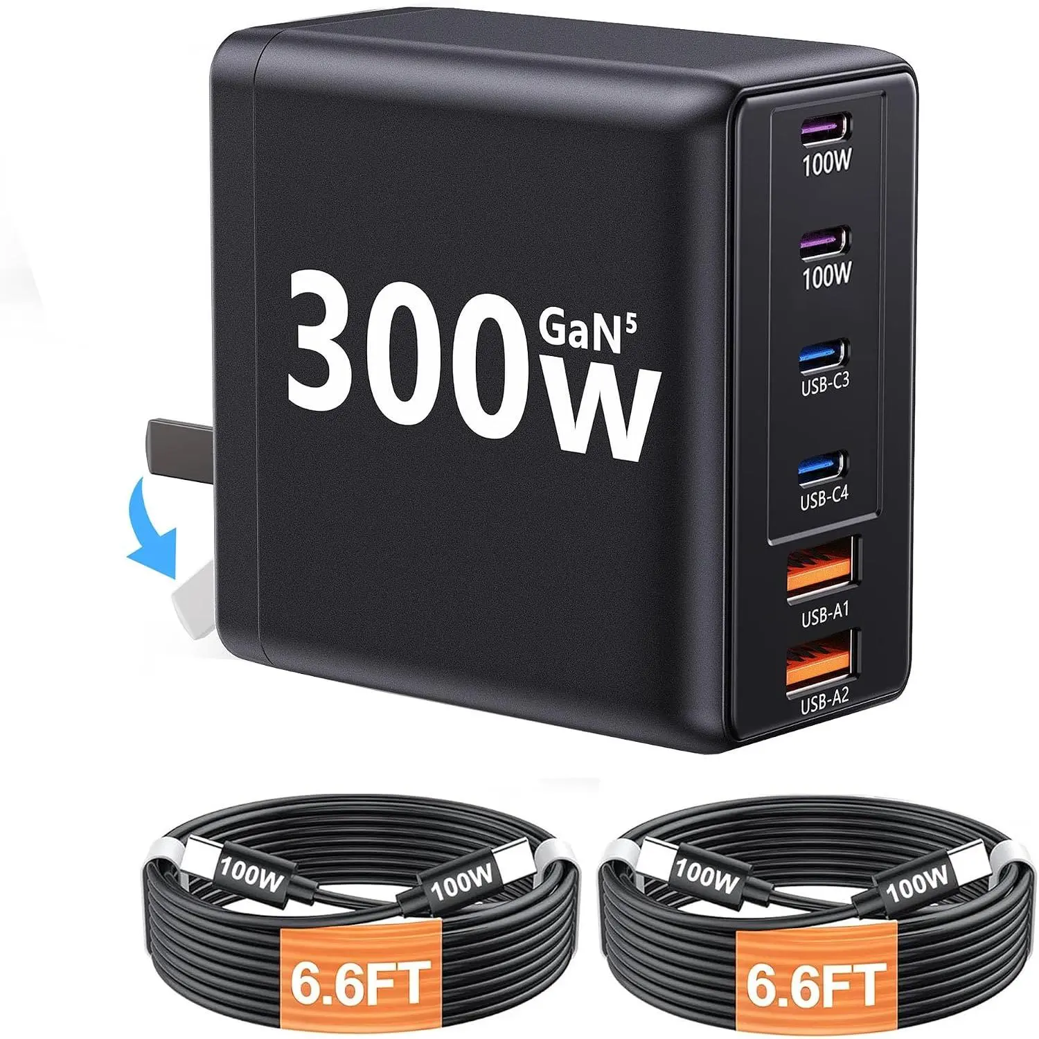 300W USB C Laptop Charger with 2 USB Cables, 6-Port GaN5  100W Super  Type C  Block,  Power Adapter for MacBook Pro/Air, , iPad (Black)