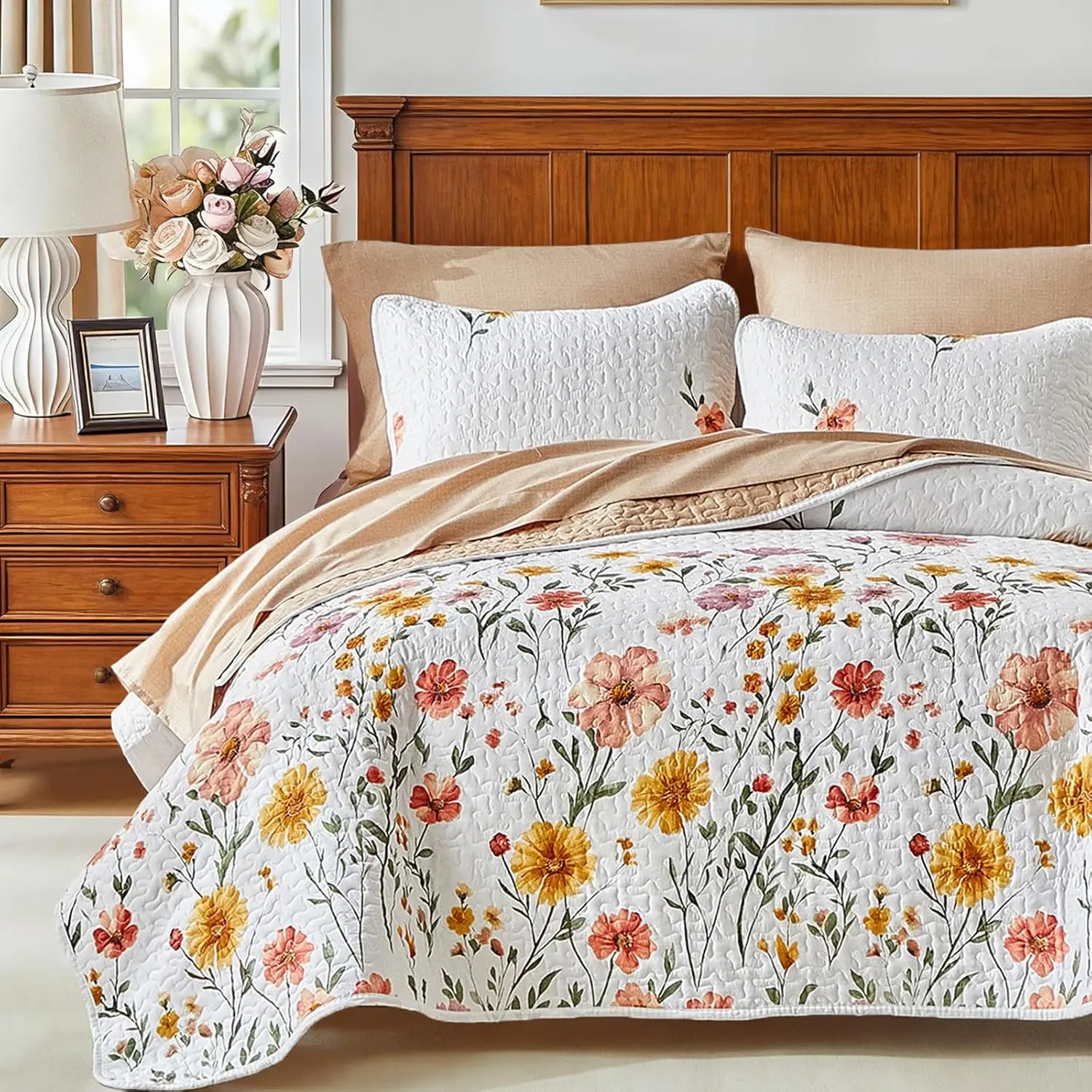 Floral Set 3 Piece Flower Sets Queen Size - Reversible Microfiber with 2 Shams Soft Breathable Botanical Bedding Bedspread Coverlet Summer Comforter All Season Orange Yellow