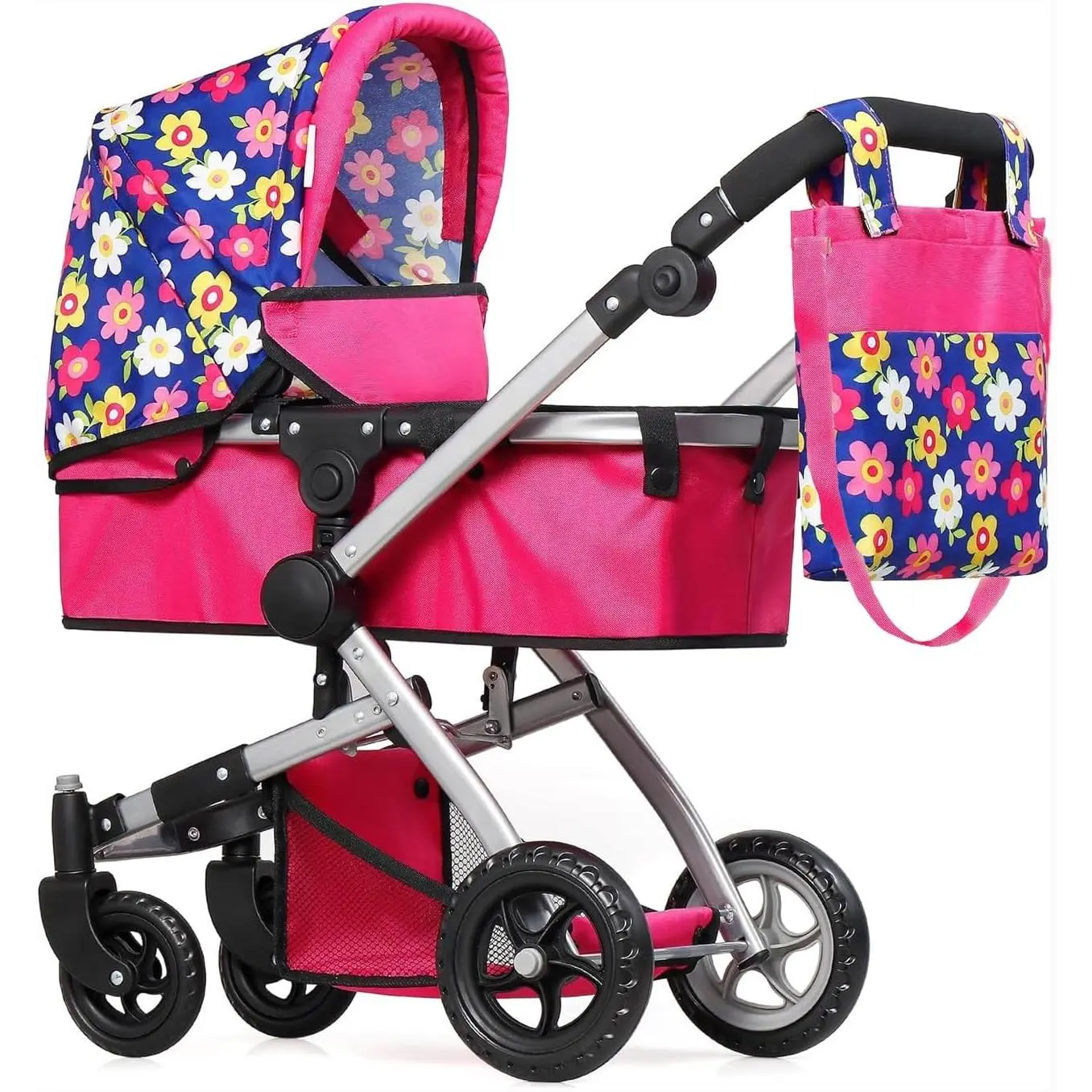 Foldable Pram for Baby Doll with Flower Design with Swiveling Wheel Adjustable Handle Bassinet Stroller with Baby Doll, Convertible Seat, and Basket, and Free Carriage Bag
