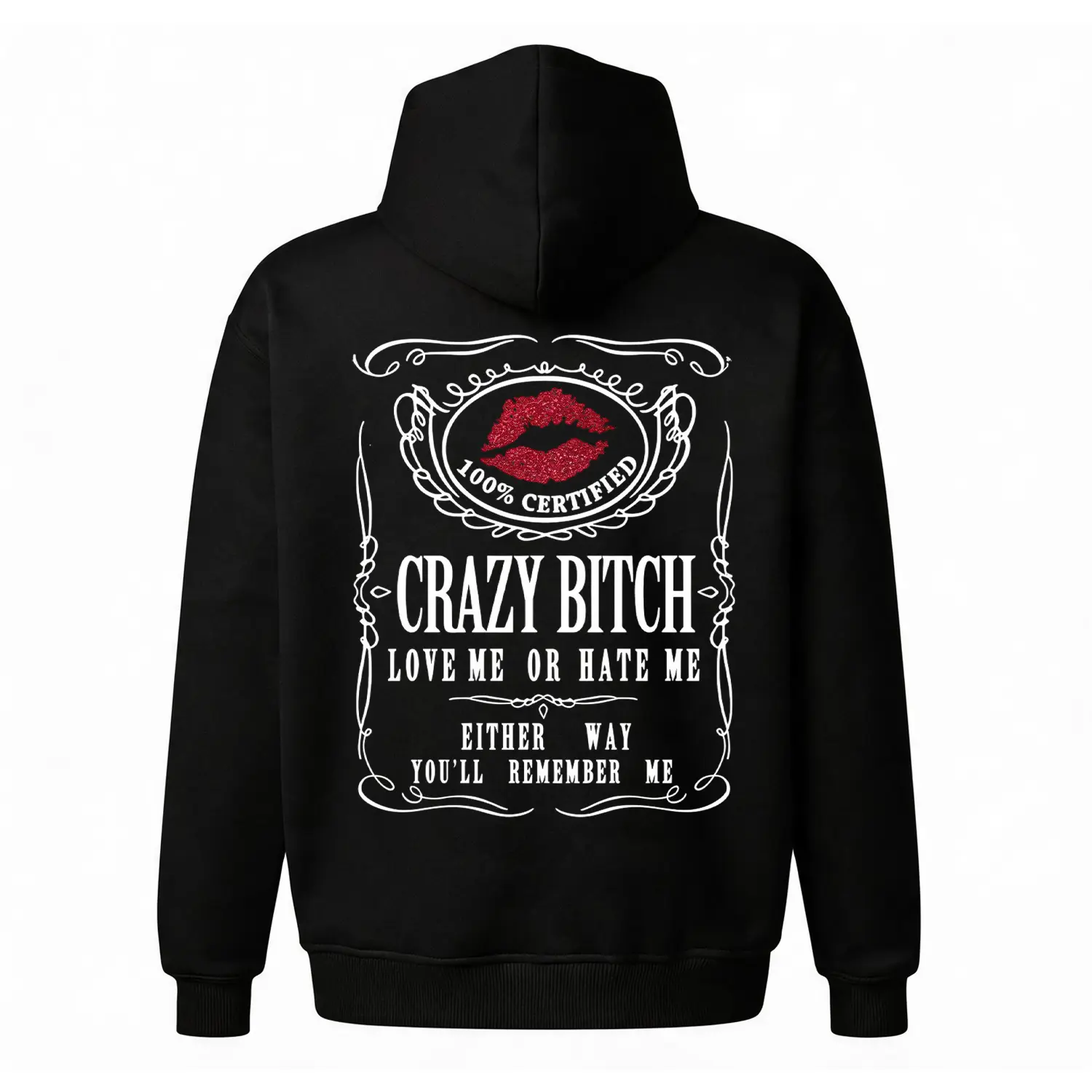 Menswear Casual Long Sleeve Pullover Hoodie, Certified Vintage Lip Graphic, Sassy Label Back Print, Red Glitter Lip, Regular Fit Unisex Oversized Fleece Top