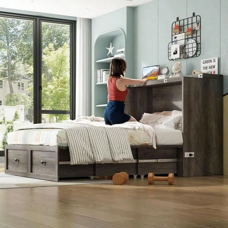 Full  Size Cabinet Bed With Storage And Charging Station, Farmhouse Murphy Bed Featuring Foldable Panel And Space Saving Design Modern Bedroom Furniture, Black Oak, Grey, White