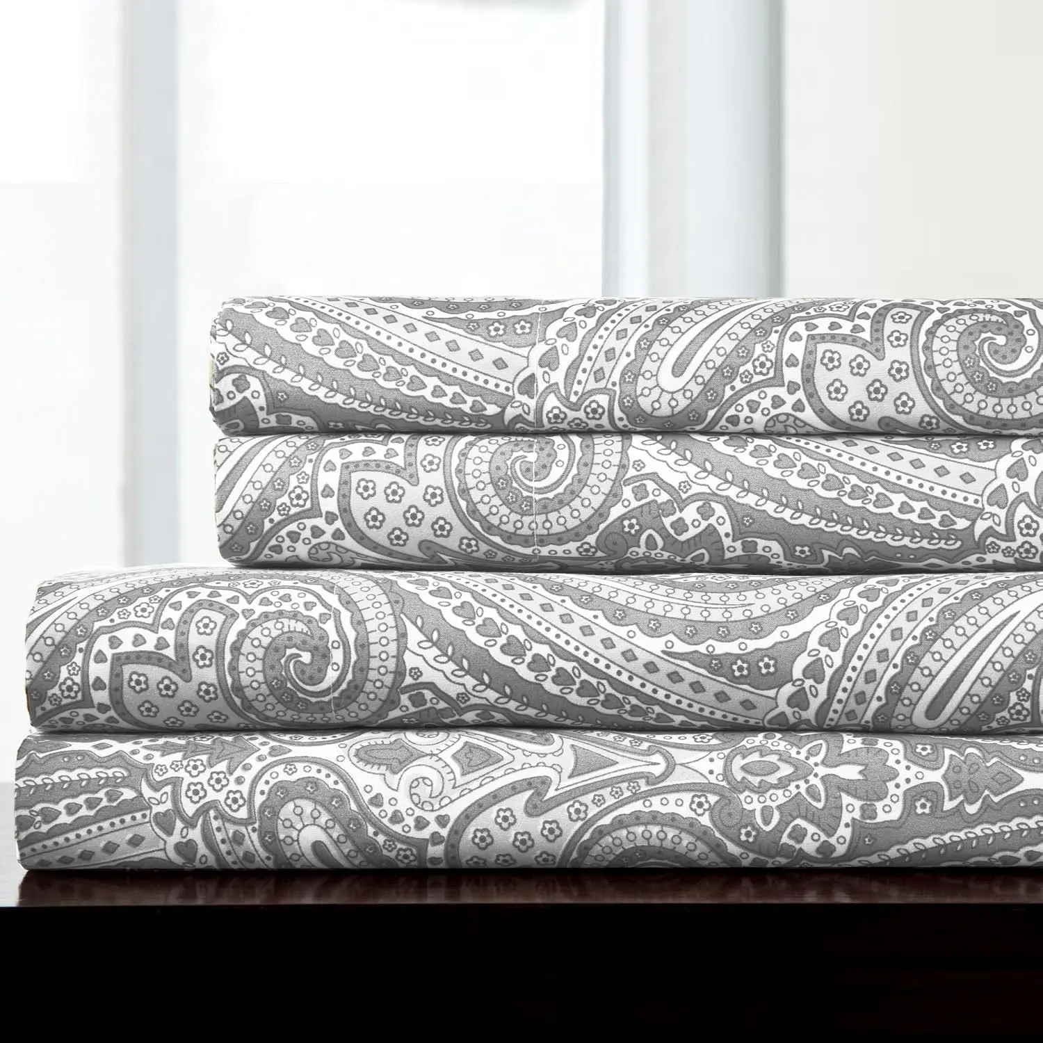 King Size Sheets - Breathable Luxury Bed Sheets with Full Elastic & Corner Straps In - 1800 Supreme Soft Deep Bedding Set, Sheet Set, King, Paisley Gray
