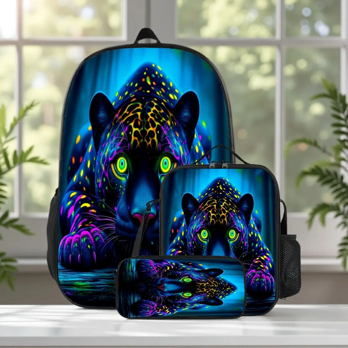 Teenager'S 3pcs Black, Panther, Neon Set Backpack, Including Crossbody Bag And Pencil Case, Durable, Ultra-Light, Large-Capacity Backpack, Suitable for Teenagers, for Teenager