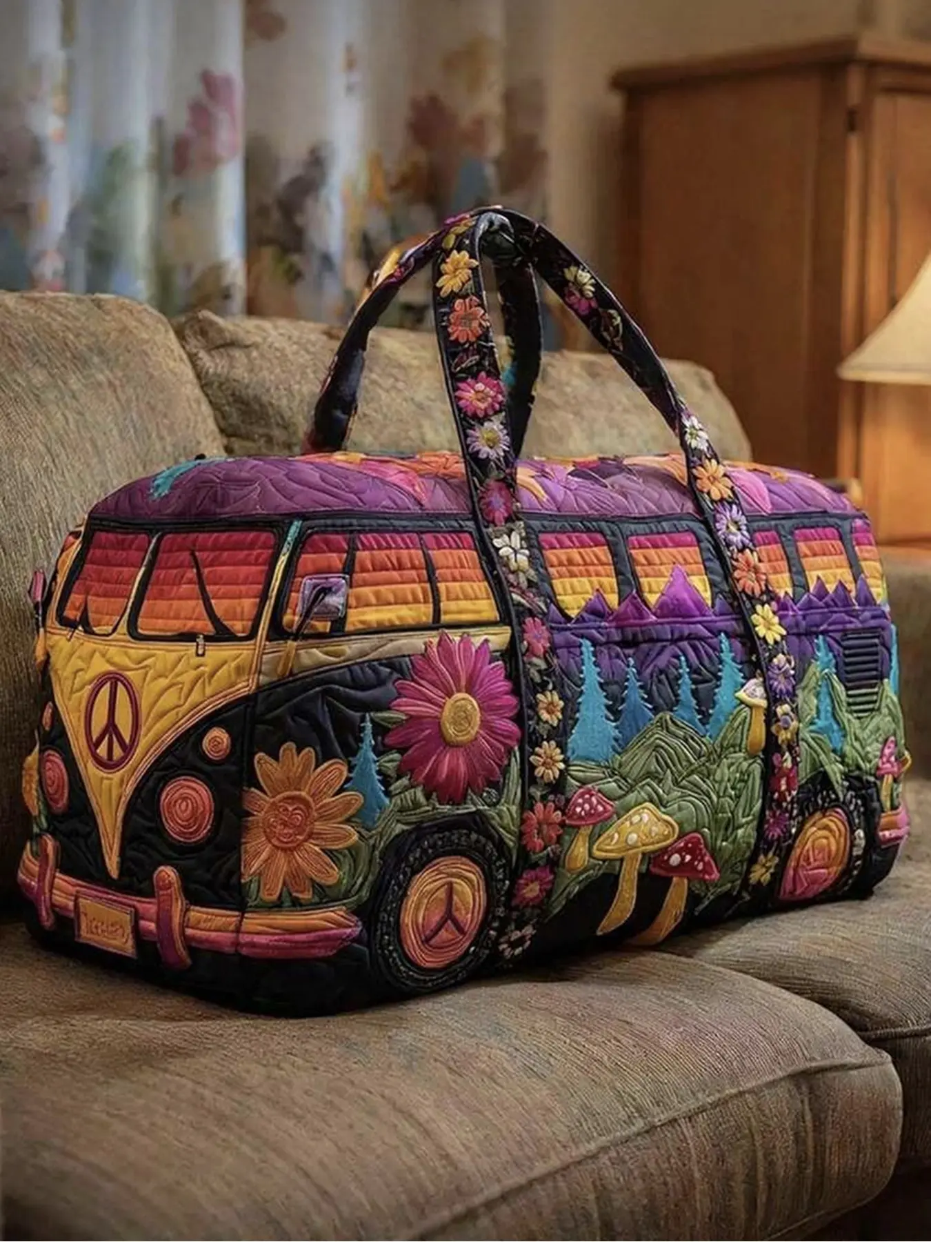 Vintage Hippie Travel Luggage Bag Peace Sign Floral Weekend Tote Bohemian Casual Vacation Women's Handbag Fashion Travel Bag