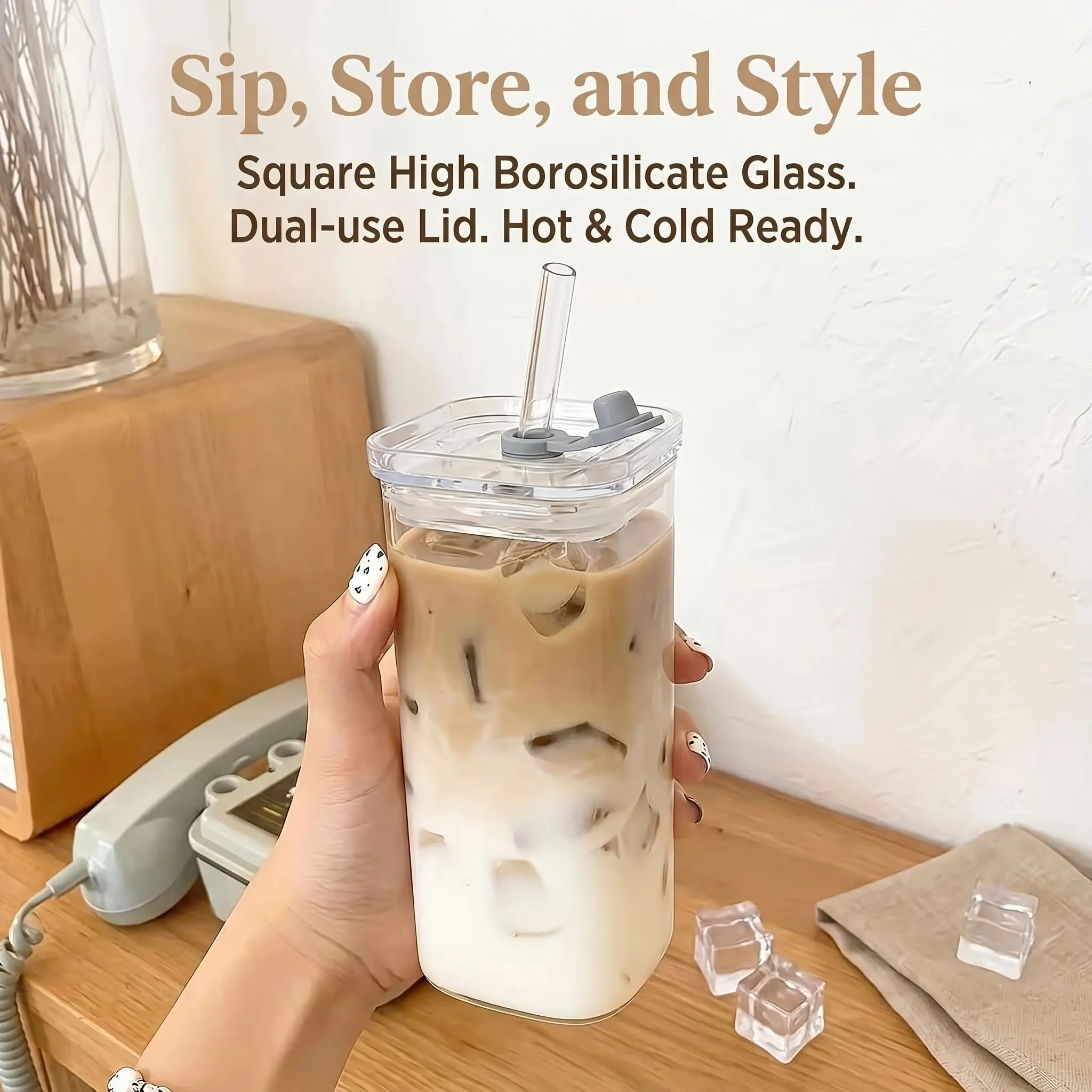 4/2 Pack 12oz Square Borosilicate Glass Cups with Lids, Glass Beverage Cups, BPA-Free Coffee Water Glasses with Brush, Ideal for Home Office Outdoor Wedding Gifts