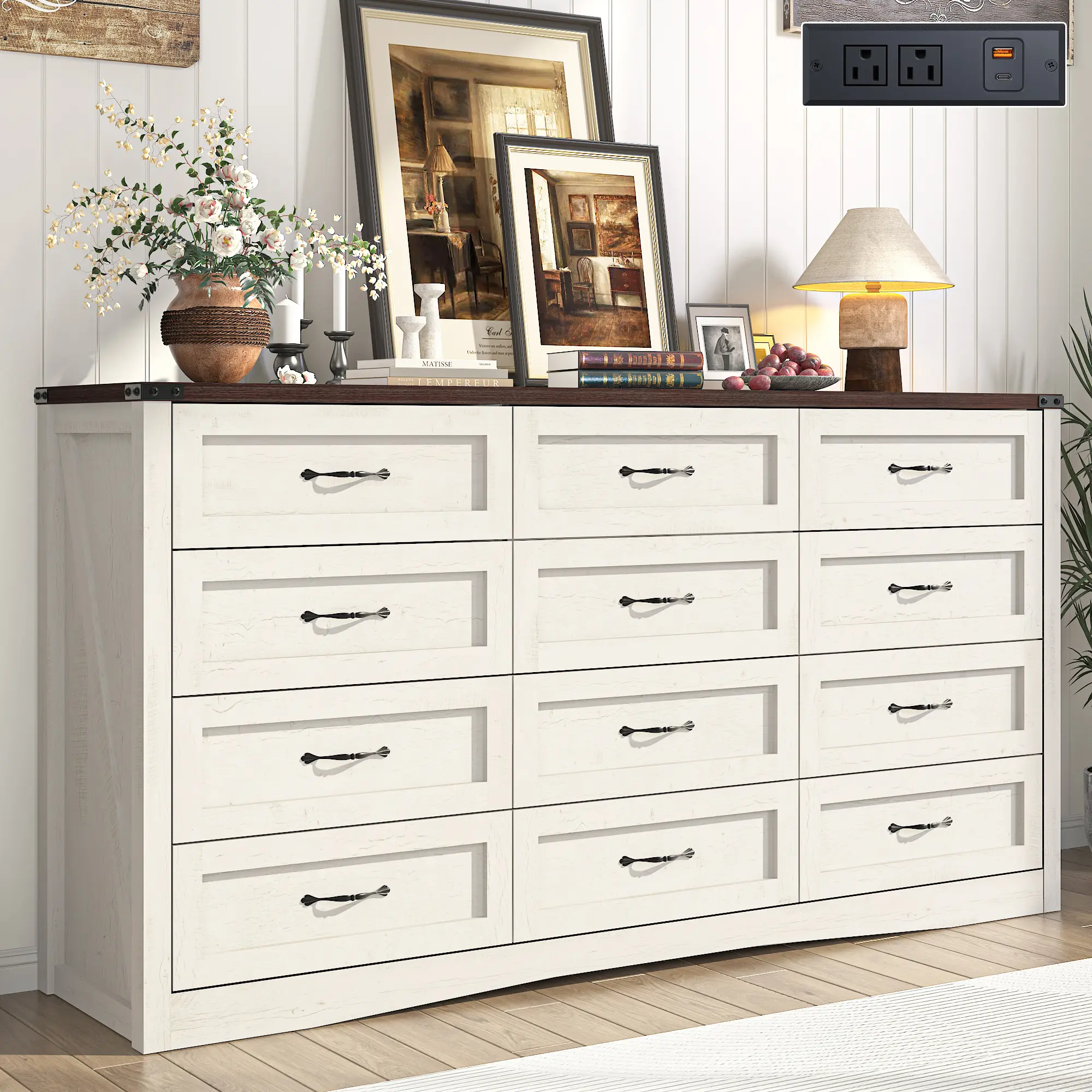 Farmhouse 12 Drawer Dresser for Bedroom with Charging Station, 63" Rustic Wood Chest of Drawers with USB, Type-C & AC Outlets, Vintage Wide Storage Cabinet Organizer, Antique White/Walnut