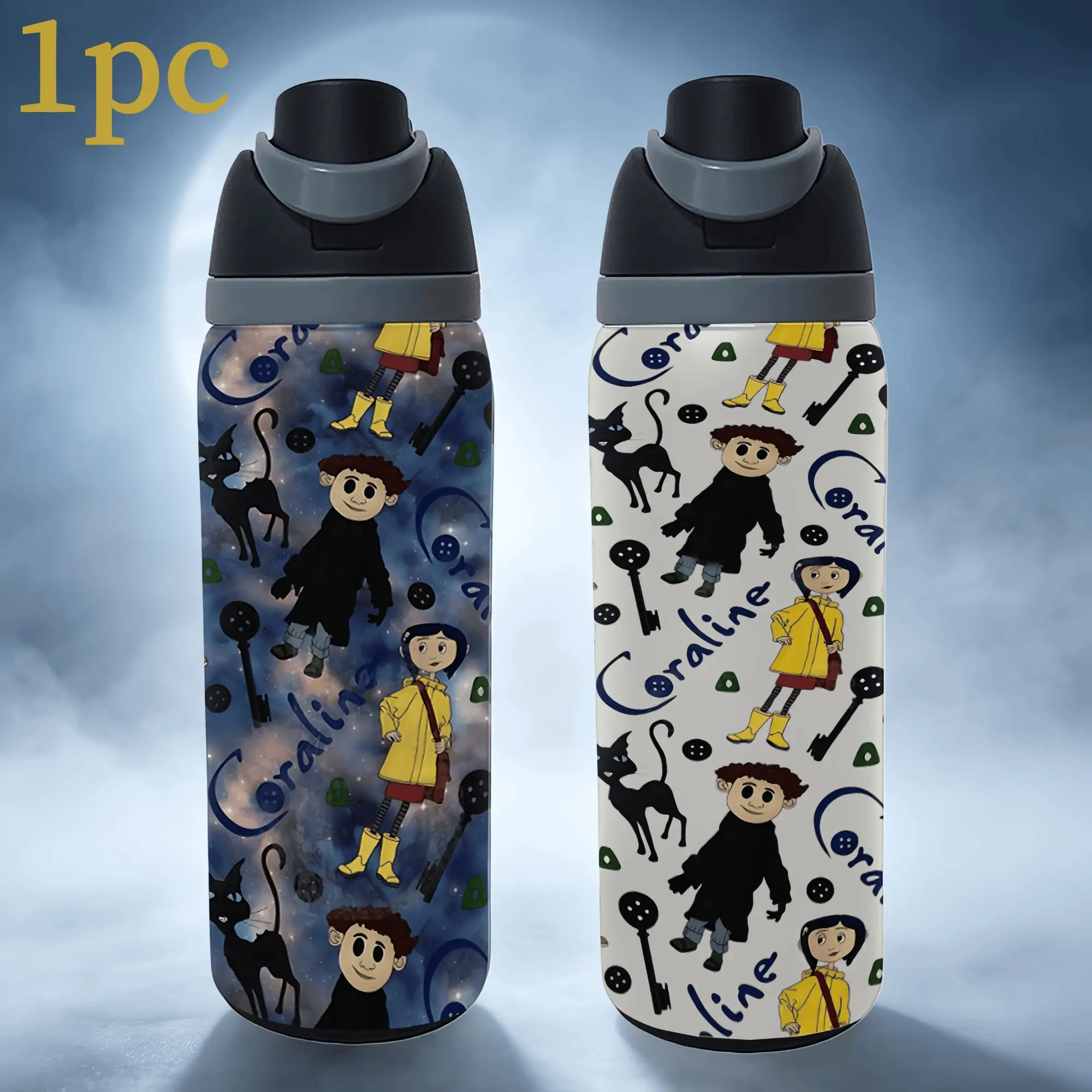 1pc Coraline 32oz Stainless Steel Insulated Water Bottle, Flip Straw Leakproof Tumbler, Horror Cartoon Print Travel Thermos, Drinkware, Gift for Coraline Fans, suitable for both hot and cold drinks, camping, hiking