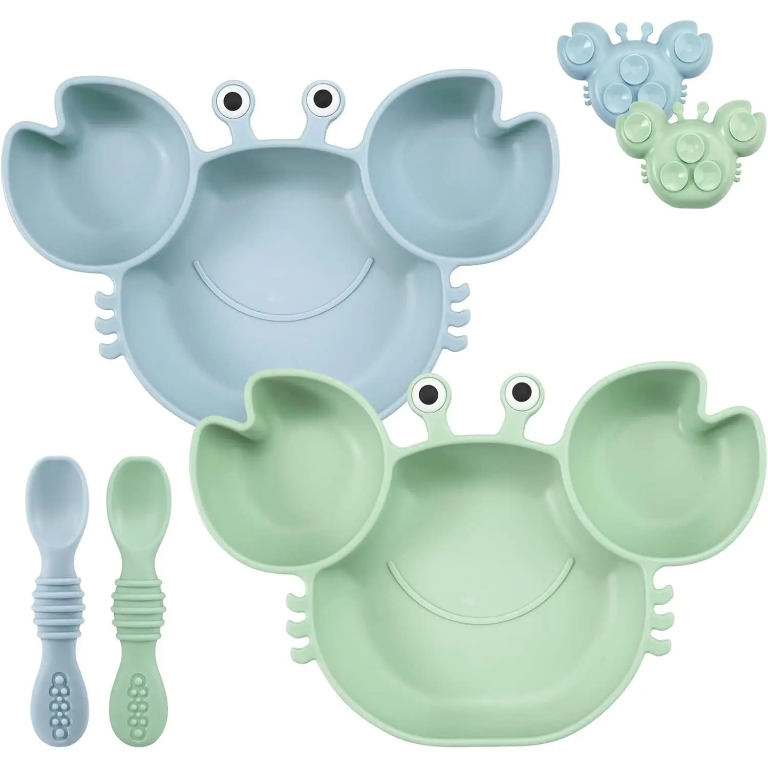 Toddler Feeding Crab-Shape Self-Feeder Set - 2-Pack Divided Unbreakable Silicone Suction Plates, 2-Pack Self-Feeding Spoons, Blue & Green Baby Utensils