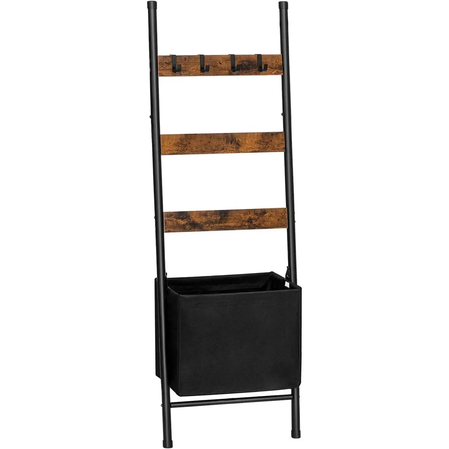 Blanket Ladder with Basket - Towel Rack with Hooks, Blanket Holder, Decorative Ladder Shelf for Bathroom Living Room, Rustic Brown, 17.3"L x 63.4"H