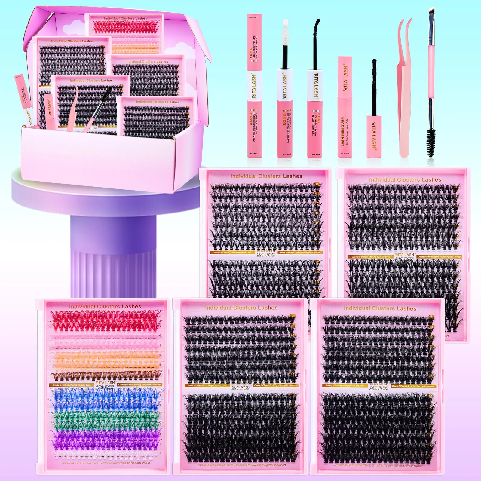 RITALASH 1400pcs D Curl Gift Cluster Lash Kit, Diy Lash Clusters, DIY Individual Eyelashes Large Capacity Mixed Lengths Soft Comfortable Cosmetic at Home with Bond, Seal, Tweezer, Remover & Brush