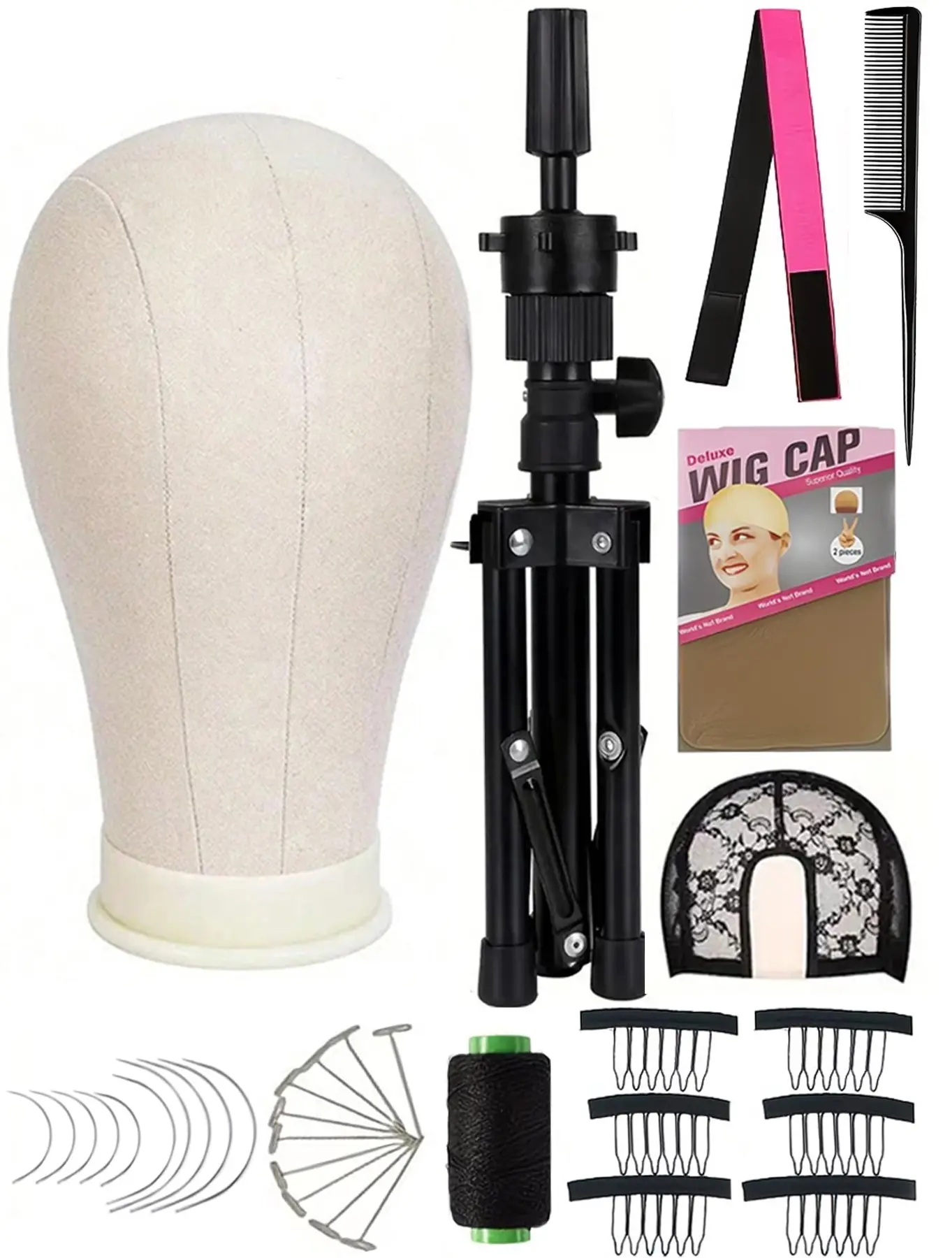 Canvas Block Head Set for Wig Display, Adjustable Tripod Mannequin Head Stand, Ideal for Hair Weaving and Styling Training, Wig Accessories