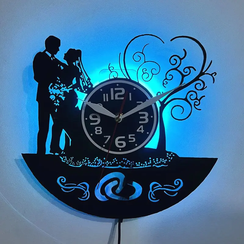 LED Vinyl Record Wall Clock with RGB Lighting, Wedding Couple Bride Groom Silhouette Silent Non-Ticking Quartz Wall Watch, Heart Tree Decorative Wall Art, Unique Wedding Gift, Anniversary Present for Couple Bedroom Home Decoration
