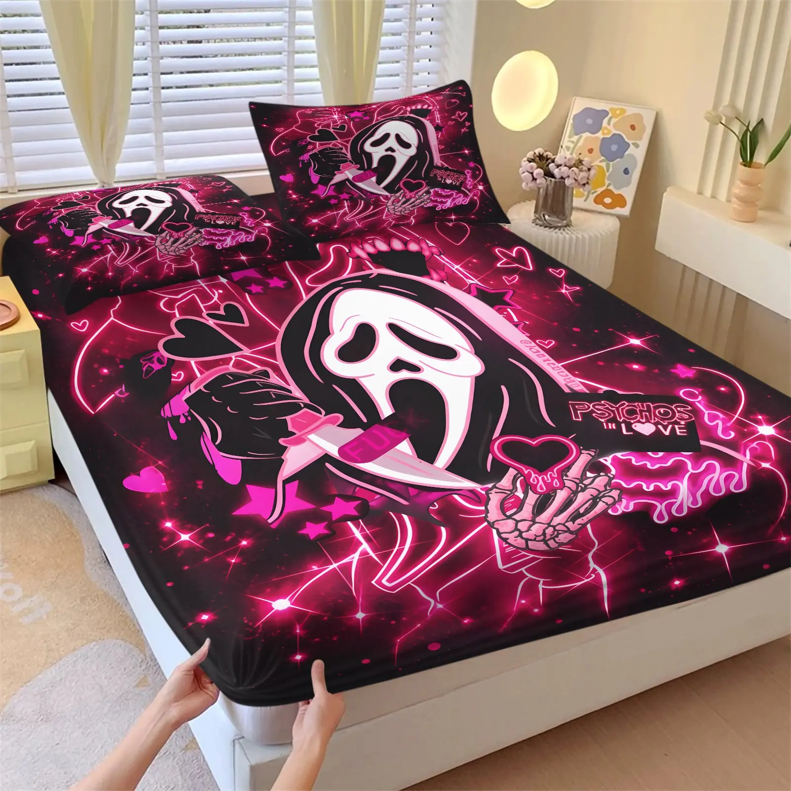 Pink Y2K Ghostface Scream Fitted Sheet Set (1 Fitted Sheet + 2 Pillowcases), Soft Breathable Microfiber, Deep Pocket Non‑Slip, Fits 12 Inch Mattress, Neon Love Heart Skeleton Print Bedding , Gothic Halloween Bedroom Decor, Soft Bedding Sets