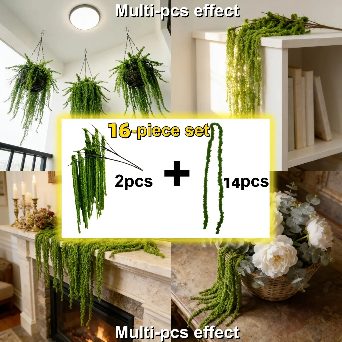 16-Piece Set - Artificial Amaranth Flowers - Elegant Green Wisteria Hanging Flowers, suitable for Bohemian homes, parties, wedding centers, Christmas, Valentine's Day, outdoor garden decorations, photography props, bridal bouquet accessories, natural styl