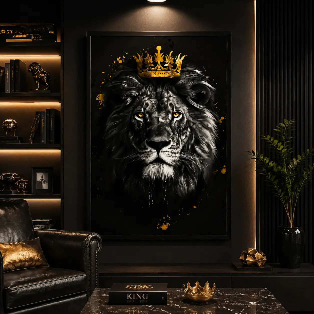Artistic King Lion Canvas Wall Art - Crown Motif Animal King High-Res Print, Black Gold Luxury Decoration for Bedroom, Living Room, Framed, Made-To-Order