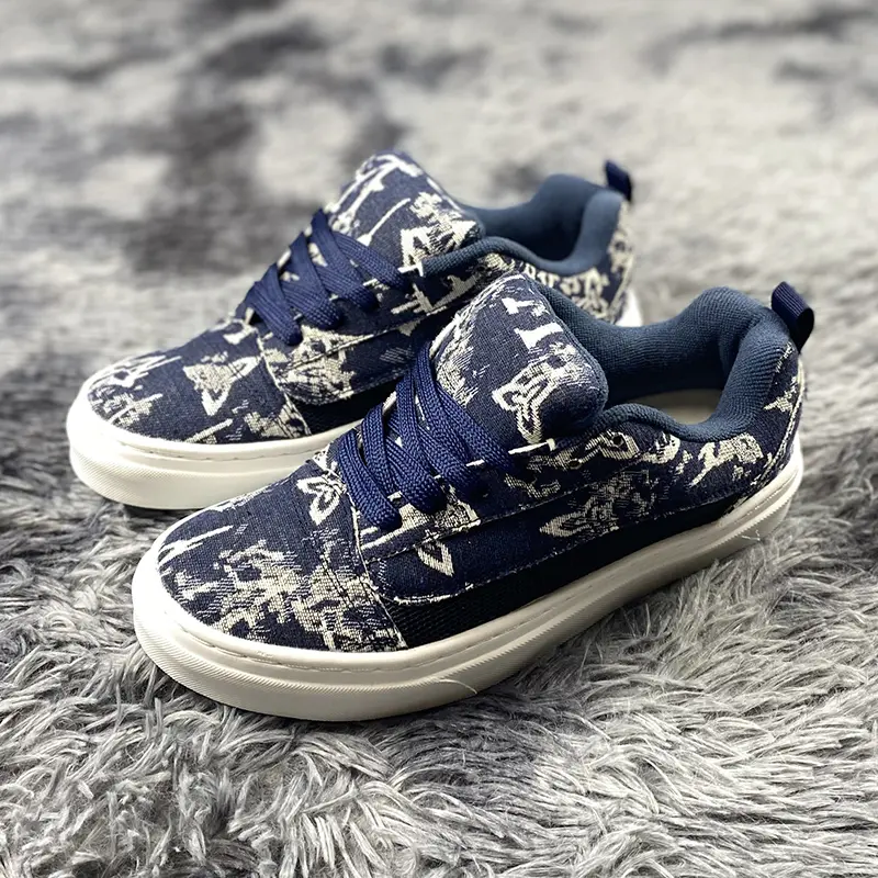 Navy Blue Vintage Graffiti Printed Canvas Low Top Skate Sneakers for Men Women, Navy Lace Up Casual Platform Board Shoes, Retro Pattern Streetwear Footwear for Daily Walking, Street Snap and Weekend Hangouts