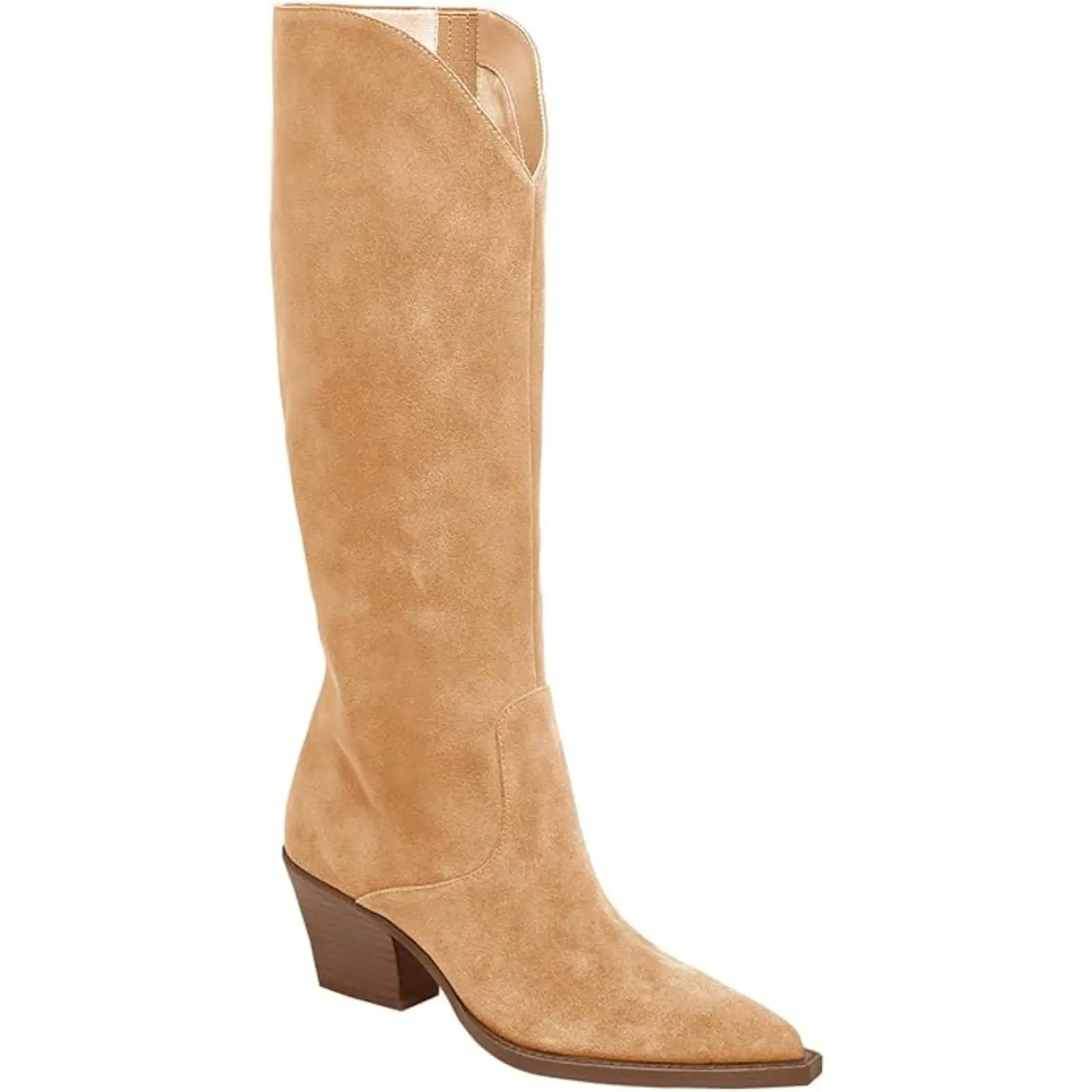 Coutgo Womens Wide Calf Cowboy Boots Suede Knee High Chunky Heel Pointed Toe Western Cowgirl Boots