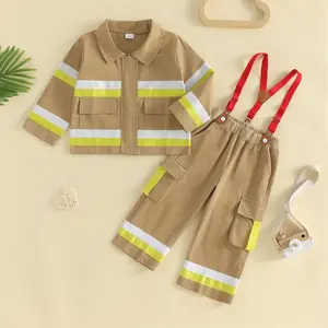 Meihuida Kids Firefighter Outfit Long Sleeve Jacket Suspender Pants Overalls Halloween Birthday Outfits Fall Winter Clothes