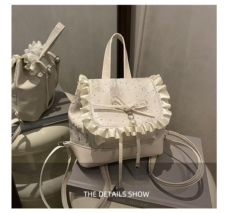 Polka Dot Lace Bow Mini Backpack for Women, Cute Coquette Y2K Bucket Bag, Lightweight Small Backpack with Adjustable Straps, Aesthetic School Travel Daily Outfit Bag for Girls & Teens