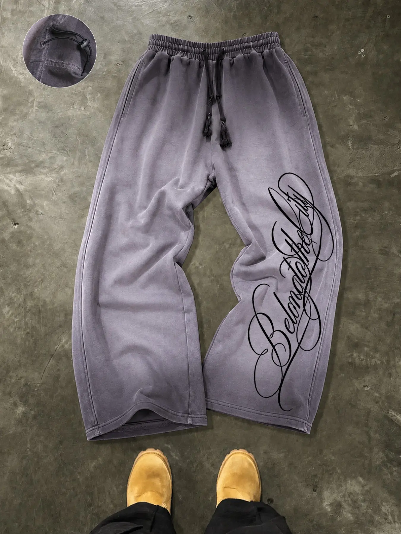 Heavyweight Vintage Acid Wash Wide Leg Sweatpants Drawstring Hem Cinch Joggers Urban Script Print Casual Loose Track Pants Streetwear Sweatpants