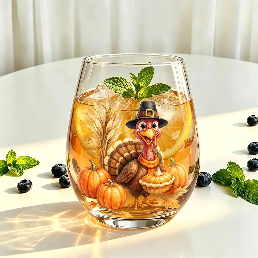 1pc Thanksgiving Turkey Stemless Wine Glass, Cute Fall Pumpkin Autumn Harvest Themed Tumbler Cup, Glass Drinking Cup for Holiday Party Decor, Ideal Gift for Thanksgiving Dinner & Fall Gathering