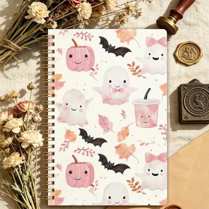 1pc Cute Pink Halloween Themed Notebook, Adorable Ghost & Pumpkin Pattern Journal, High Aesthetic Girlish Portable Diary, Perfect for Students' Note-Taking & Daily Journaling Women's clothing