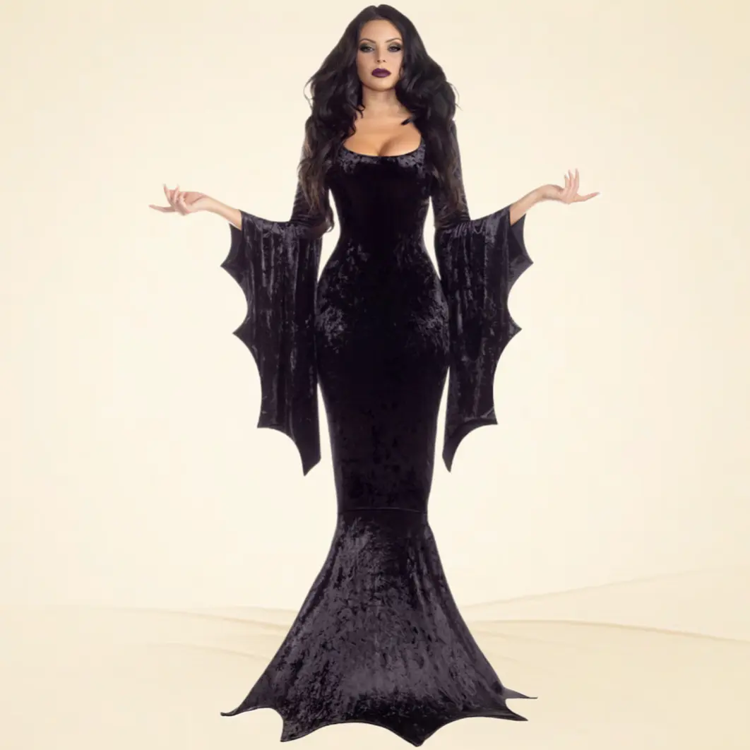 Gothic Bat Witch Ghost Bride Long Dress Vampire Outfit For Halloween Masquerade Party Stage Performance