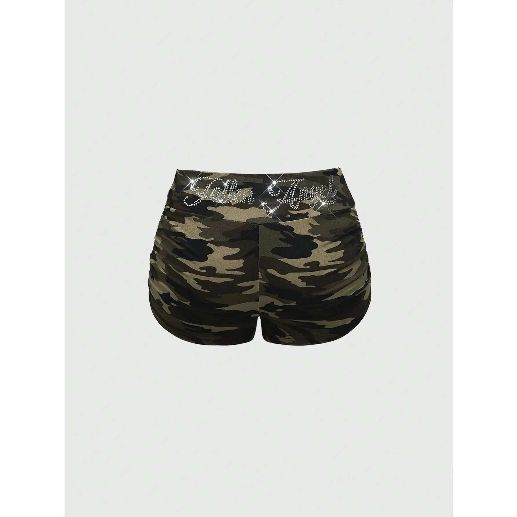 Rhinestone Camo Mini Shorts Y2k Elastic Waist Ruched Skinny Shorts, Concert Outfits