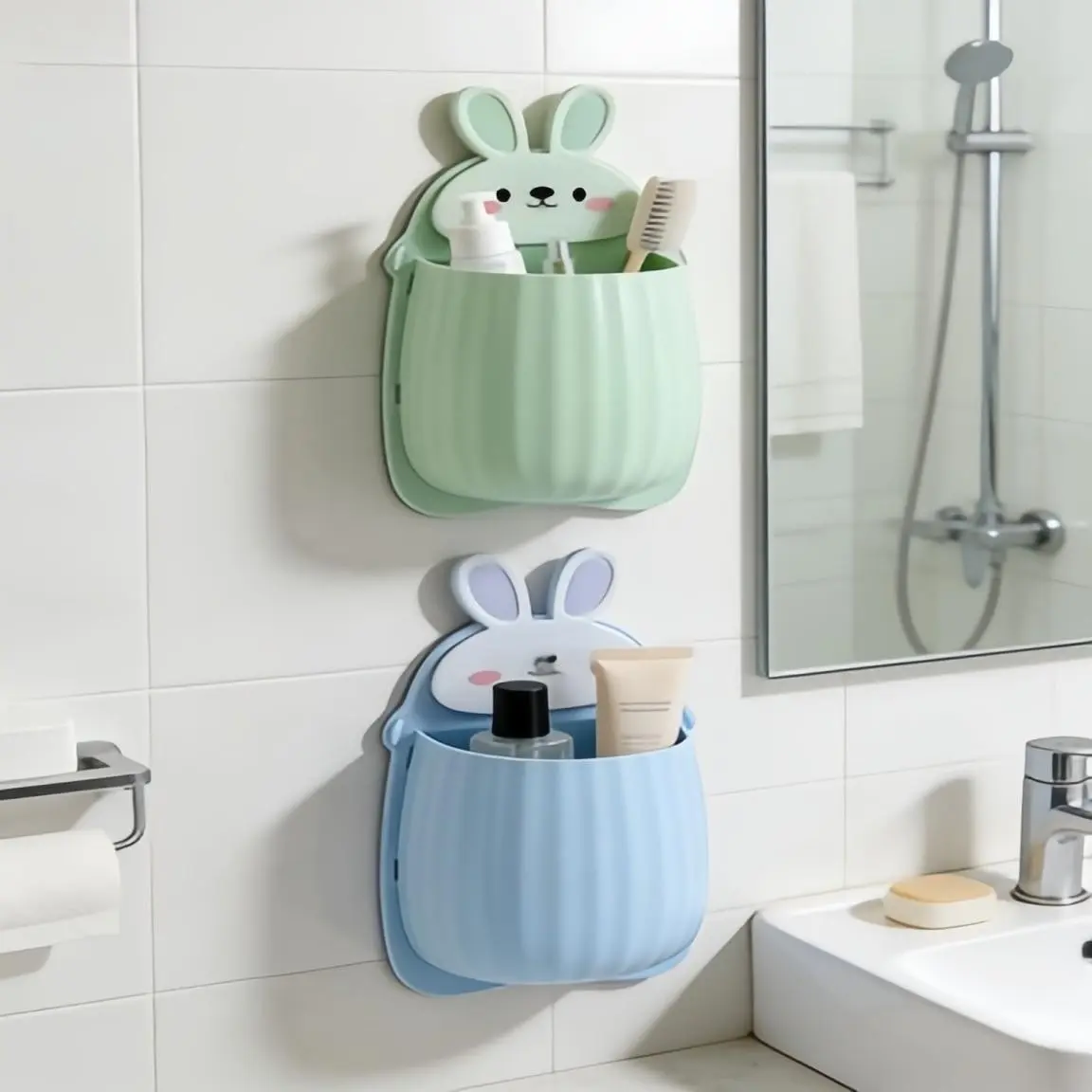 2pcs Cute Bunny Storage Rack, No-Drill Wall-Mounted Toothbrush Holder, Multi-Functional Plastic Cosmetic Organizer for Bathroom Accessories