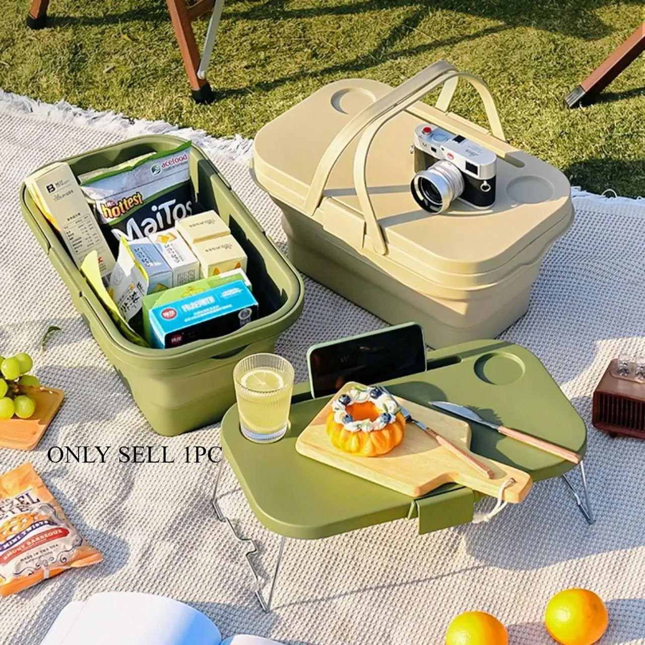 Outdoor Picnic Basket Camping, Portable Handle with Lid, Spring Hiking Storage Basket, Multi-Functional Foldable BBQ Organizer