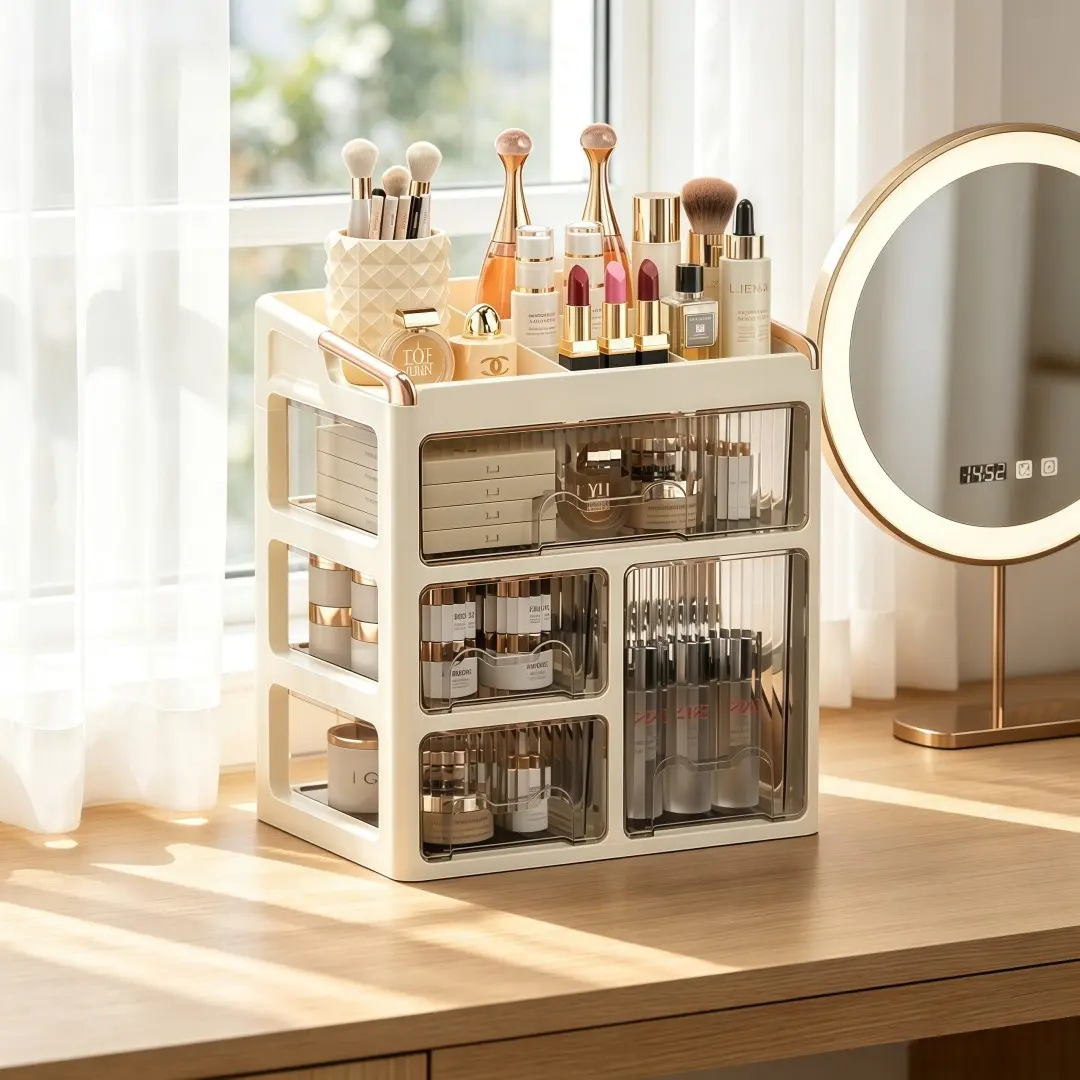 Dust-Proof Multi-Layer Drawer Cosmetic Organizer, Home Makeup Desk Skincare Storage Box, Student Dorm Desktop Cosmetics Holder