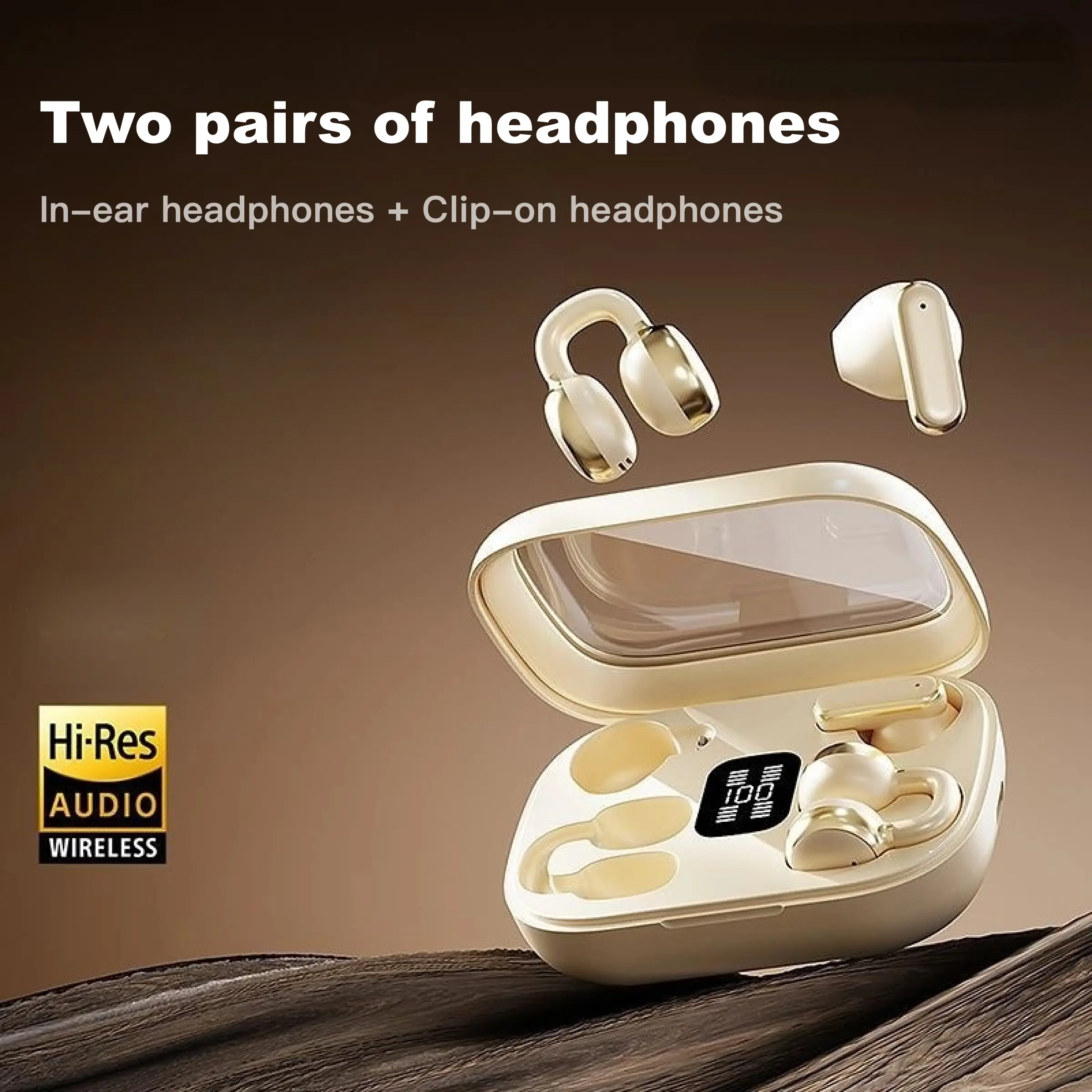 Bluetooth TWS Wireless Earbuds Q10, 2 Pairs in 1 Case with Clip-On and In-Ear Wearing Styles, LED Battery Display, HiFi Sound, ENC Noise Reduction Calls, Mini Headset for Couples, Gym, Running, Gaming