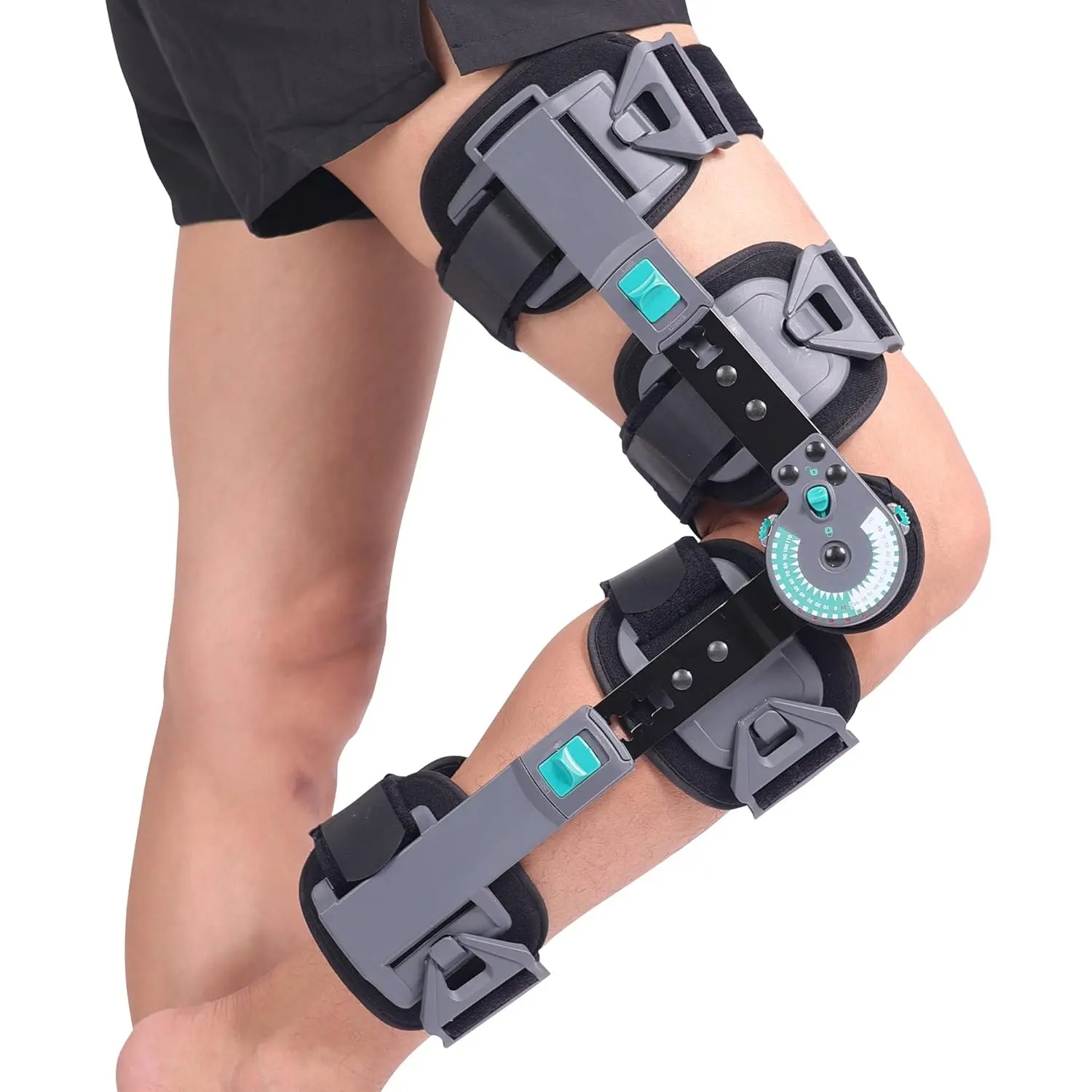 Unisex Adjustable ROM Hinge Knee Brace - Strong Aluminum Knee Immobilizer with Strap, Anti-Rollover Fixation Aid, Reversible Left/Right Leg Support for Post-Surgical Support, Reduce Secondary Injury Risk