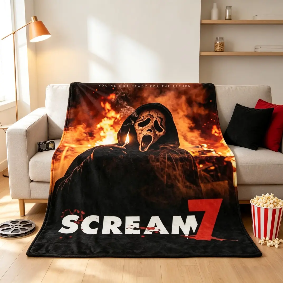 Scream 7 Fiery Ghostface Flannel Blanket, Horror Movie Plush Fleece Throw Blanket for Adults & Kids, Ultra Soft Cozy Lightweight Warm All Season Blanket for Bed Sofa Couch Bedroom Home Decor Travel, Christmas Birthday Gift