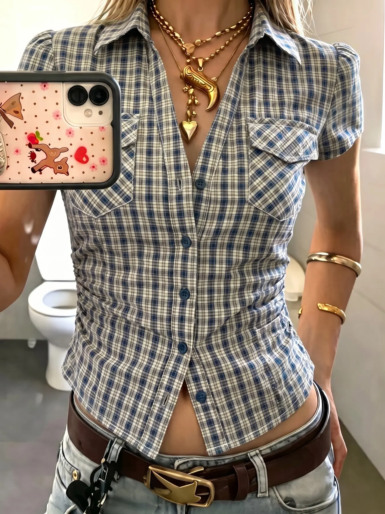 Versatile Plaid Button-Down Shirt - Casual Sexy Outfit, Wrinkle Resistant for Daily & Brunch Blue White Plaid Fitted Short Sleeve Shirt - 2026 Trending Preppy Style, Soft Stretch Cotton for Campus & Street