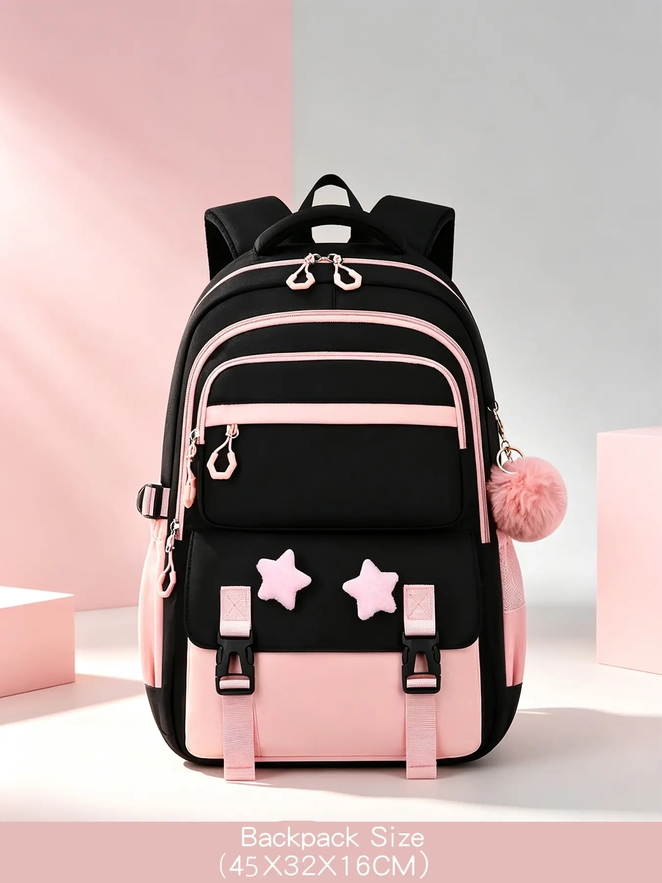 1Pc Black Pink Color Block Backpack Fuzzy Star Decor Detachable Fluffy Pom Pom Charm Buckle Strap Details Multi-layer Zip Compartments Padded Shoulder Straps for Campus Study Library Work Weekend Trips Daily Outings