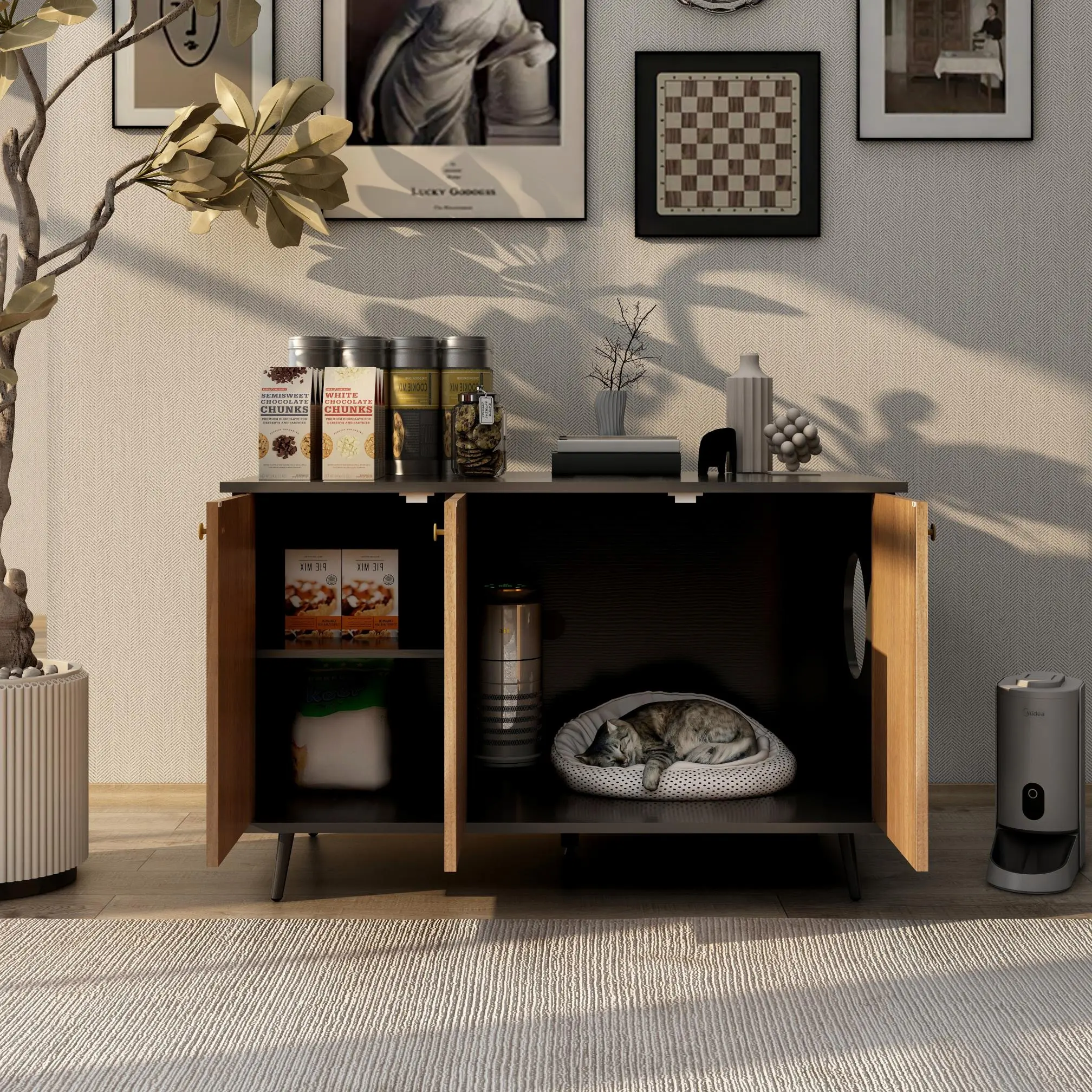 Cat litter box with storage space, 39.4 inches (about 100 cm) hidden cat house furniture, with plug