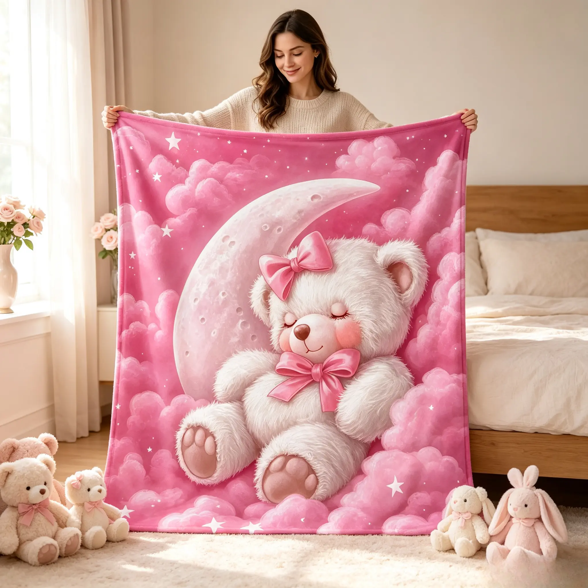 Pink Starry Moon Sleeping Teddy Bear Fleece Throw Blanket, Pink Cloud Crescent Star Bow Bear Healing Pattern, Dreamy Romantic Coquette Style Soft Nap Blanket For Sofa Bed Office Shawl Camping, Girl Bedroom Decor Gift For Birthday Christmas TikTok Popular