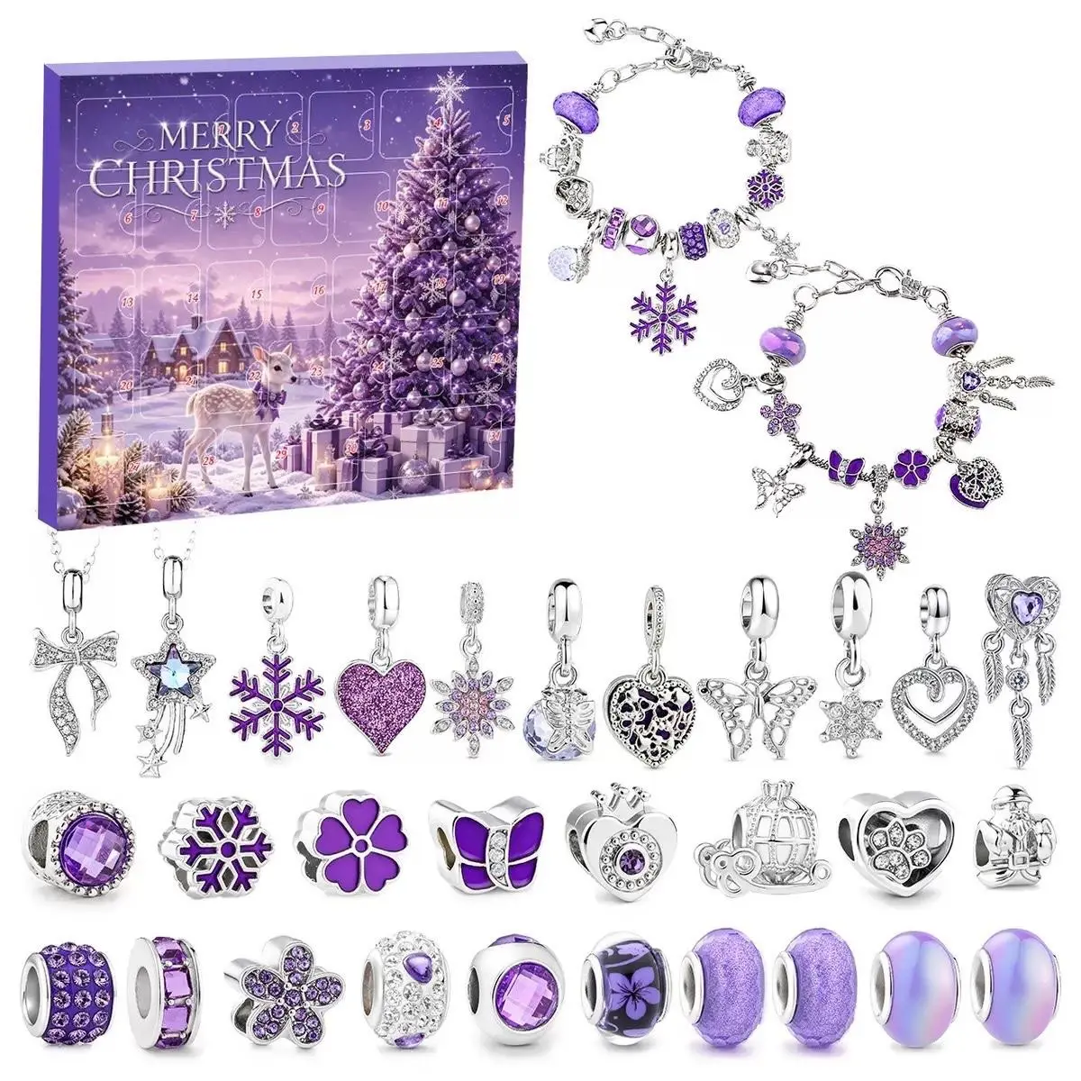 1 Set Christmas Advent Calendar Blind Box with 31Pcs Purple Snowflake DIY Bracelet Charms, Xmas Countdown Jewelry Making Kit, Dreamy Purple Holiday Surprise Gift Box for Women Teen Girls Party Ornament